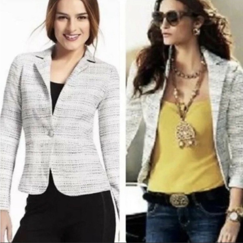 Cabi Womens Ivory Black Stripe Tweed Blazer Button Notch Sz 6 Career Preppy EUC